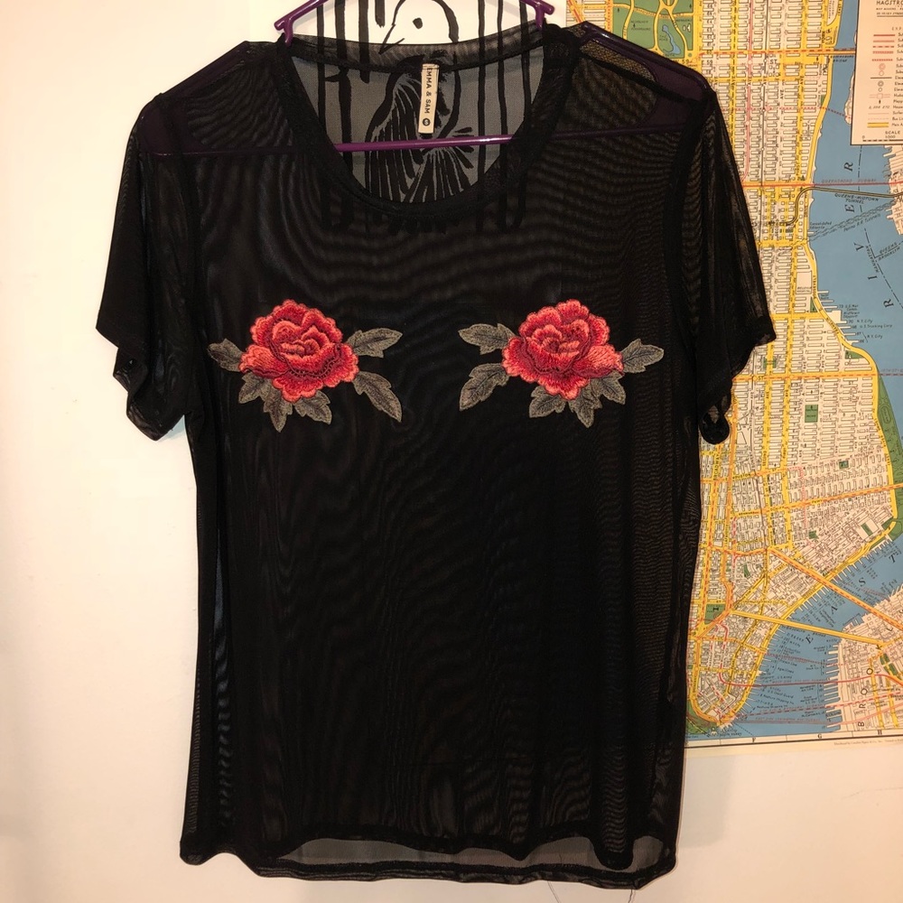 Black Mesh Top with Rose Detail
